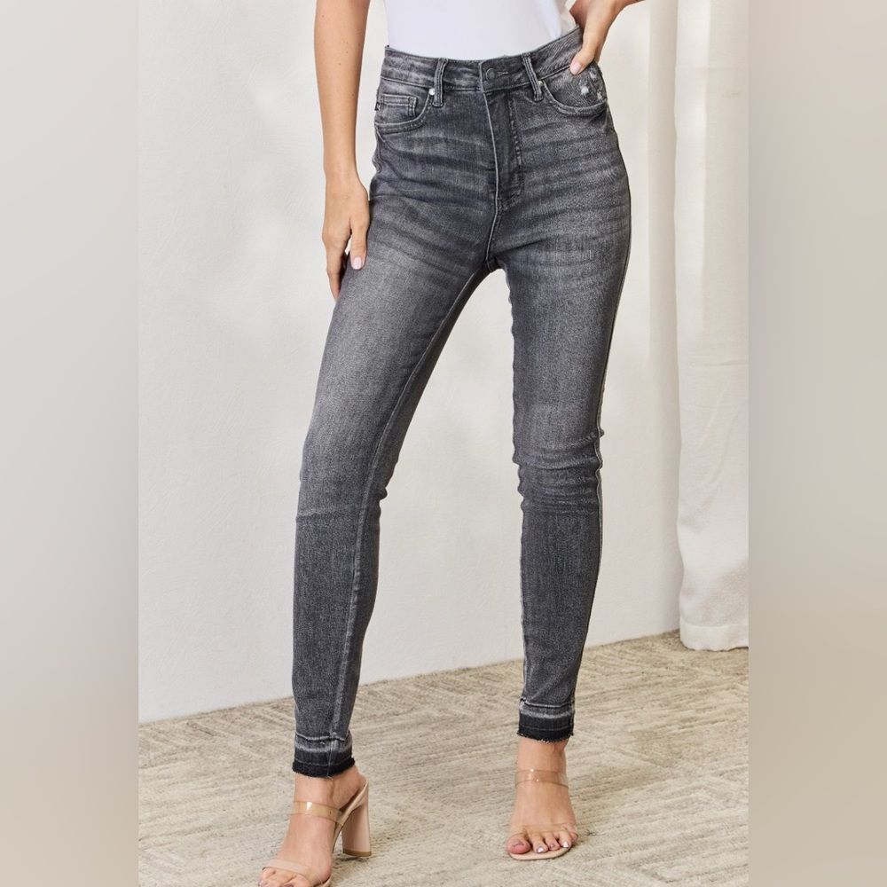 Judy Blue high waist tummy control raw hem skinny black grey wash jeans denim
